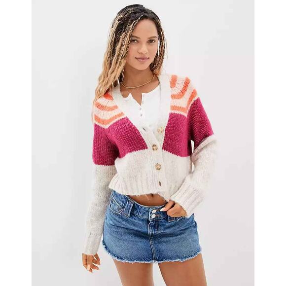 American Eagle Colorblock Button-Up Striped Cardigan Sweater Small Artsy Preppy - Picture 1 of 10